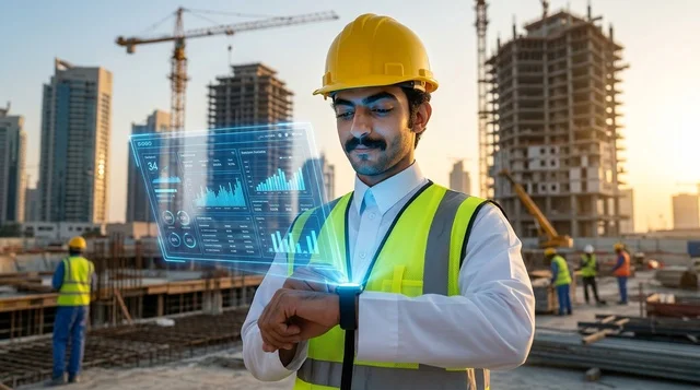 مهندس مدني عربي مع شاشة هولوغرام في موقع البناء