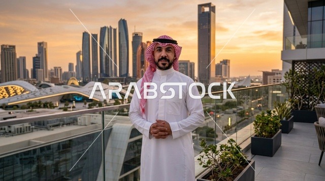 رجل عربي على شرفة سطح مع أفق دبي عند الغروب
