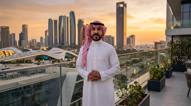 رجل عربي على شرفة سطح مع أفق دبي عند الغروب