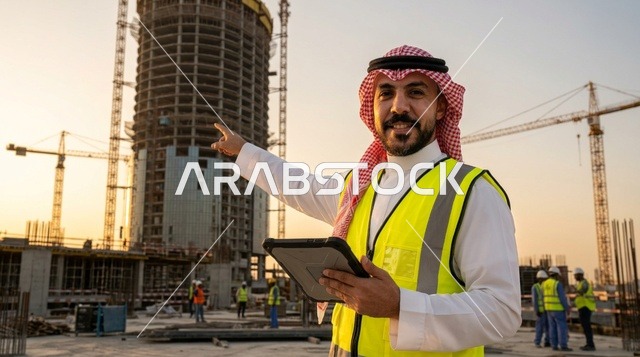مهندس سعودي يحمل جهاز لوحي في موقع بناء وقت الغروب