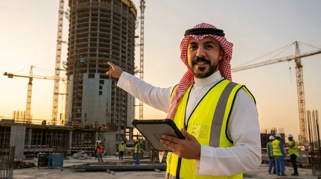 مهندس سعودي يحمل جهاز لوحي في موقع بناء وقت الغروب