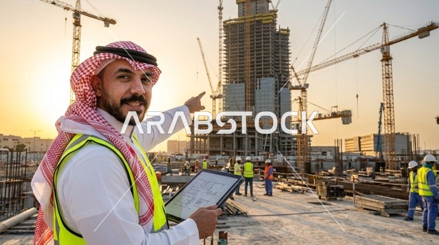 مهندس سعودي مع مخطط رقمي في موقع بناء عند الغروب