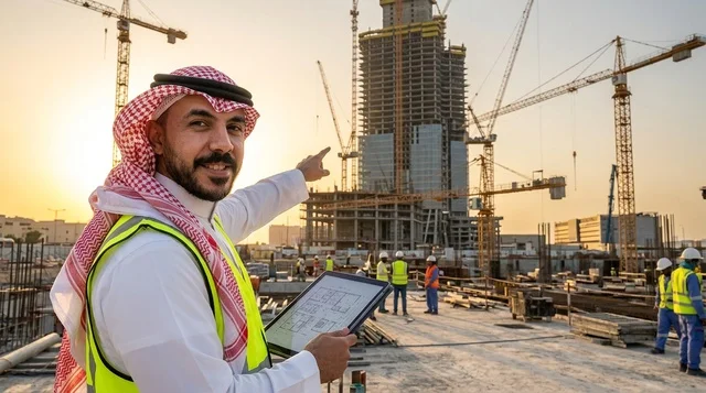 مهندس سعودي مع مخطط رقمي في موقع بناء عند الغروب