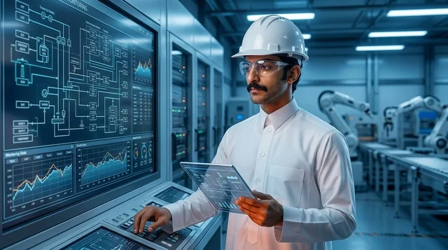 مهندس سعودي يدير لوحة التحكم في مصنع صناعي آلي