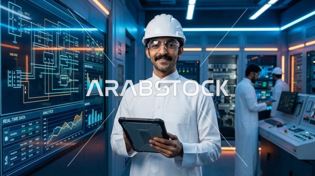 مهندس عربي مع جهاز لوحي في غرفة التحكم الرقمية