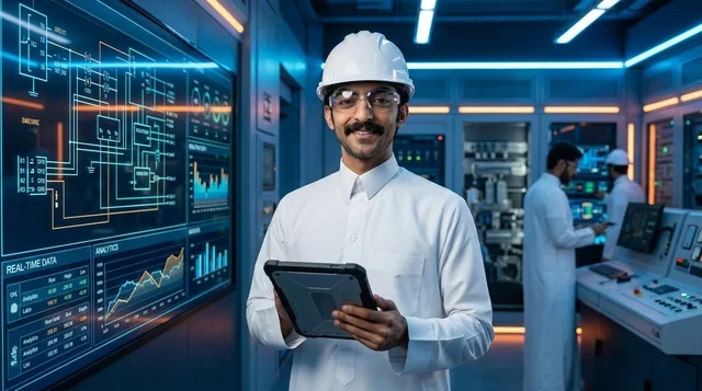 مهندس عربي مع جهاز لوحي في غرفة التحكم الرقمية