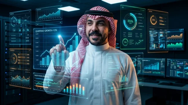 رجل أعمال سعودي يتفاعل مع واجهة بيانات هولوغرامية