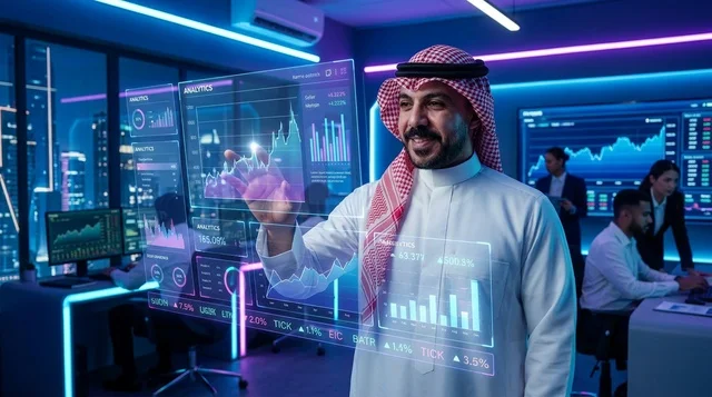 رجل أعمال سعودي يتفاعل مع شاشة هولوغرام مالية حديثة
