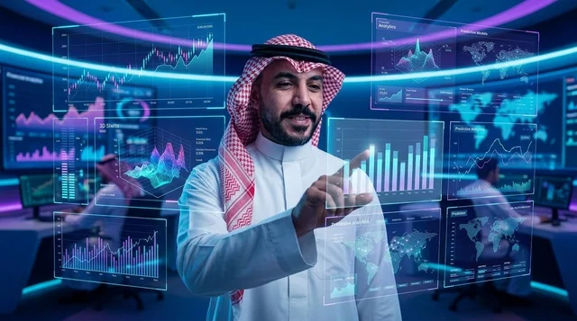 رجل أعمال سعودي يستخدم واجهة بيانات هولوغرامية مستقبلية