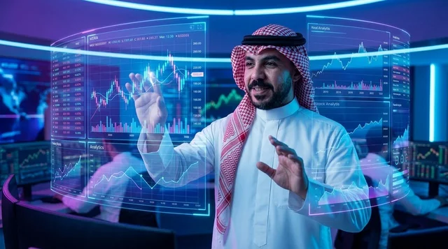 رجل أعمال عربي يتداول بالهولوجرام والبيانات الرقمية