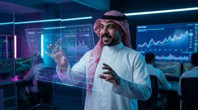رجل أعمال سعودي يستخدم شاشة هولوغرام في مركز تحكم
