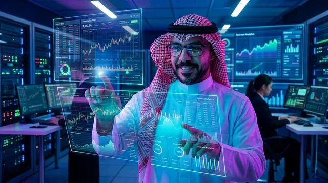 أخصائي تقنية معلومات سعودي في غرفة خوادم مستقبلية
