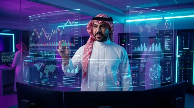 رجل أعمال سعودي يستخدم شاشة هولوغرام ذكية للبيانات