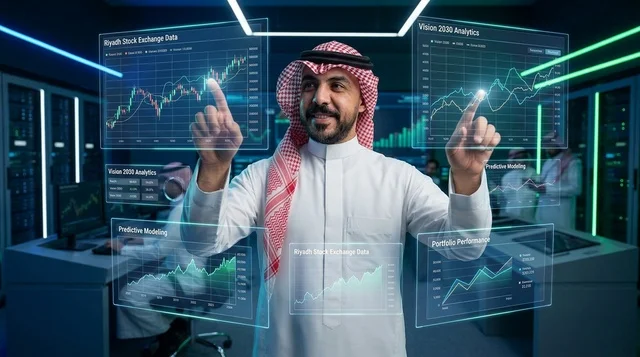 رجل أعمال سعودي يتفاعل مع شاشات بيانات هولوغرام تفاعلية