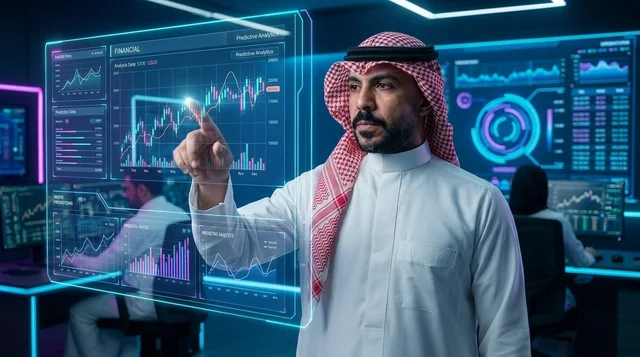 رجل أعمال سعودي يتفاعل مع شاشة هولوغرام تفاعلية