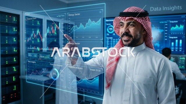 رجل أعمال سعودي يتفاعل مع شاشة هولوغرام للبيانات