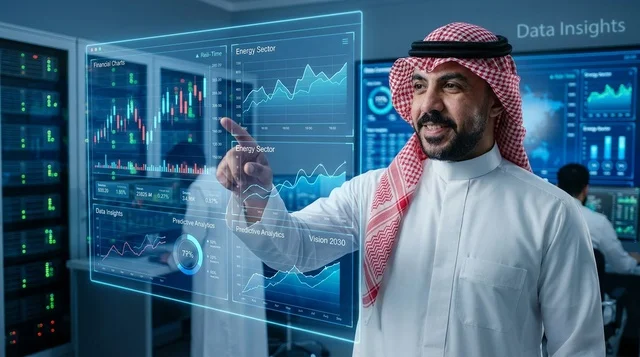 رجل أعمال سعودي يتفاعل مع شاشة هولوغرام للبيانات