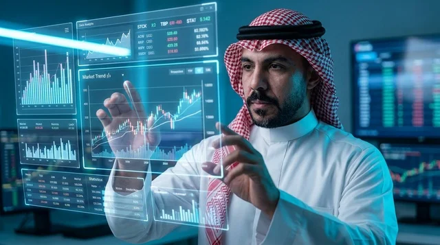 رجل أعمال عربي يتفاعل مع بيانات مالية ثلاثية الأبعاد