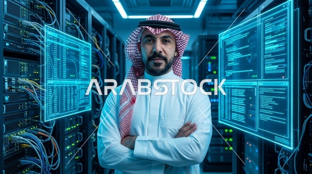 مهندس تقنية معلومات سعودي في غرفة خوادم رقمية حديثة