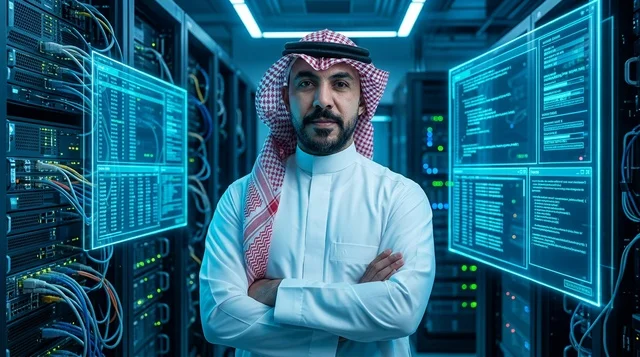مهندس تقنية معلومات سعودي في غرفة خوادم رقمية حديثة