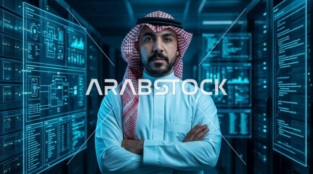 أخصائي تقنية معلومات سعودي في غرفة خوادم متطورة