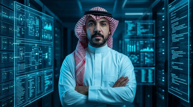 أخصائي تقنية معلومات سعودي في غرفة خوادم متطورة