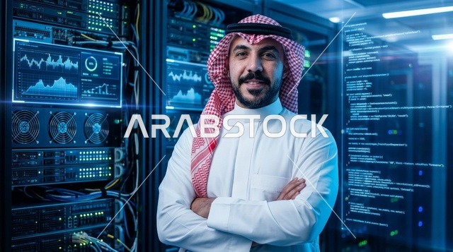 مهندس تقنية معلومات سعودي في غرفة الخوادم والبيانات