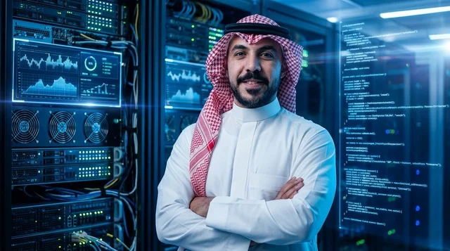 مهندس تقنية معلومات سعودي في غرفة الخوادم والبيانات