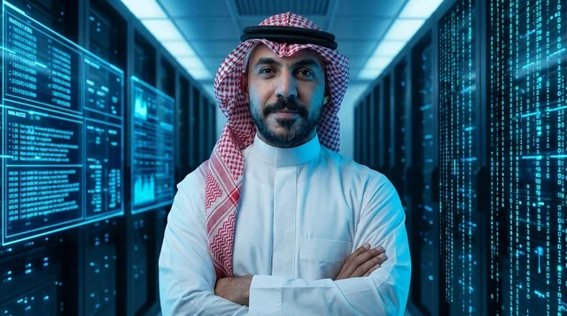 أخصائي تقنية معلومات عربي في غرفة الخوادم الحديثة