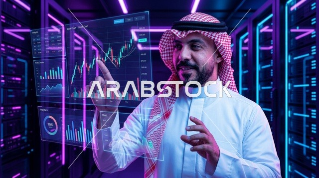 رجل سعودي في غرفة خوادم مع شاشة بيانات هولوجرام