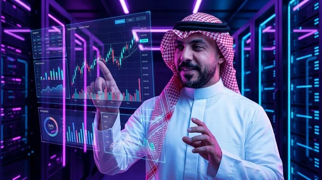 رجل سعودي في غرفة خوادم مع شاشة بيانات هولوجرام