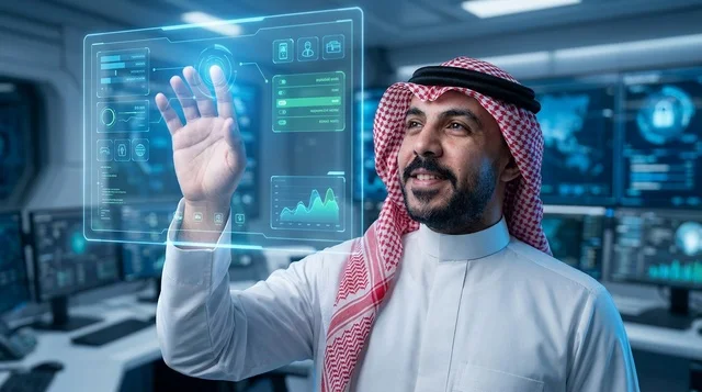رجل أعمال عربي يتفاعل مع شاشة هولوغرام في غرفة تحكم