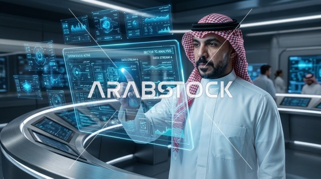 رجل سعودي يتفاعل مع واجهة بيانات هولوجرام مستقبلية