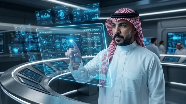 رجل سعودي يتفاعل مع واجهة بيانات هولوجرام مستقبلية