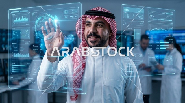 رجل سعودي يتفاعل مع شاشة هولوغرام ذكية في مختبر تقني