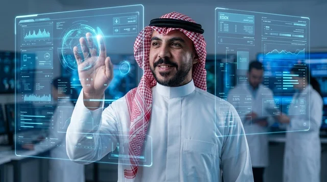 رجل سعودي يتفاعل مع شاشة هولوغرام ذكية في مختبر تقني