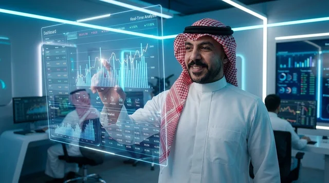 Saudi Businessman Interacting with Holographic Screen
