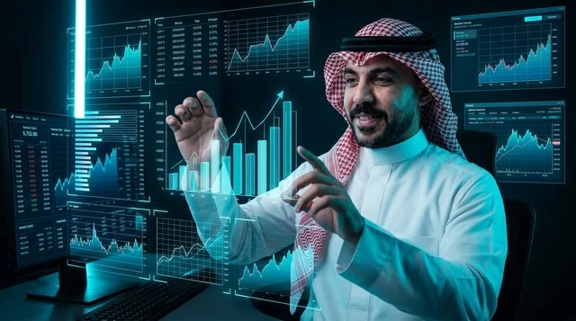 رجل أعمال سعودي يتفاعل مع شاشة هولوغرام تفاعلية