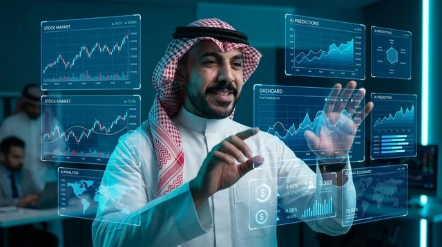 رجل أعمال سعودي يتفاعل مع شاشات هولوغرام للبيانات المالية