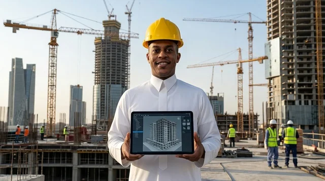 مهندس سعودي يحمل جهازا لوحيا في موقع البناء