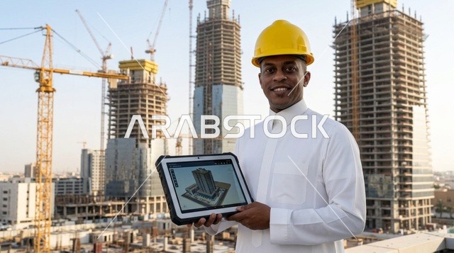 مهندس سعودي يحمل جهازا لوحيا في موقع البناء