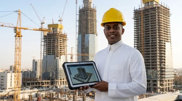 مهندس سعودي يحمل جهازا لوحيا في موقع البناء