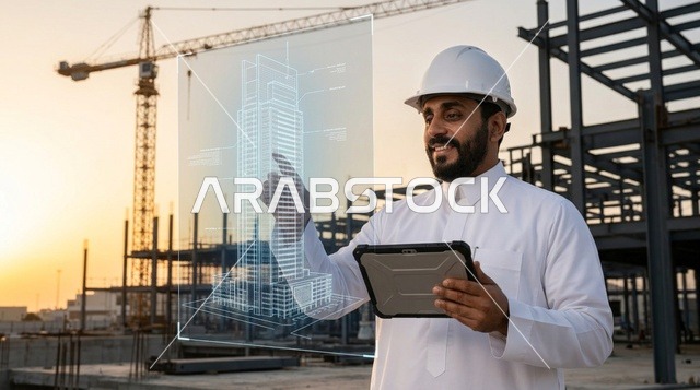 مهندس عربي مع هولوغرام ثلاثي الأبعاد في موقع بناء