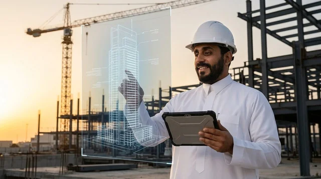 مهندس عربي مع هولوغرام ثلاثي الأبعاد في موقع بناء