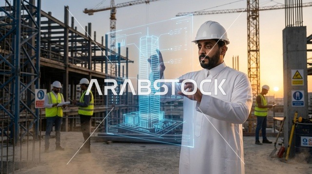 مهندس عربي مع مخطط هولوغرام ثلاثي الأبعاد بموقع البناء