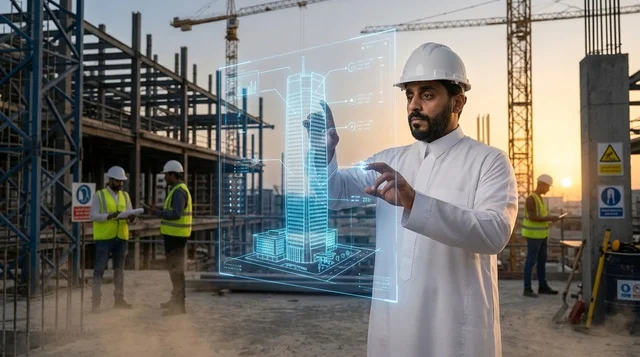 مهندس عربي مع مخطط هولوغرام ثلاثي الأبعاد بموقع البناء