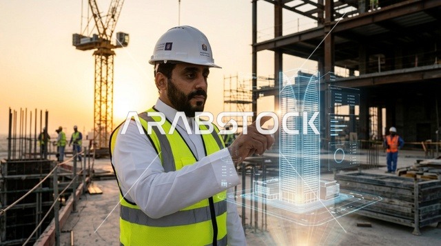 مهندس سعودي يتفاعل مع مجسم هولوغرام في موقع بناء