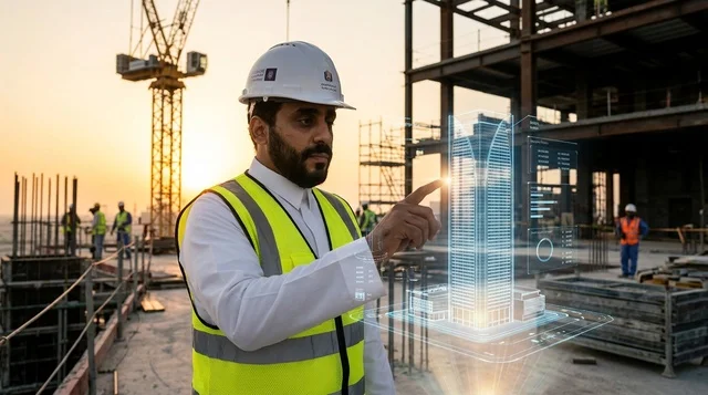 مهندس سعودي يتفاعل مع مجسم هولوغرام في موقع بناء