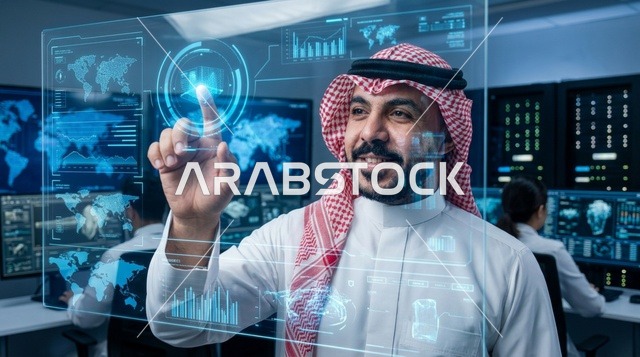 رجل أعمال سعودي يتفاعل مع شاشة هولوغرام تفاعلية