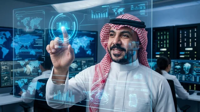 رجل أعمال سعودي يتفاعل مع شاشة هولوغرام تفاعلية